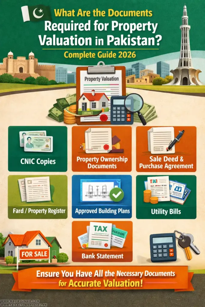 Learn what documents are required for property valuation in Pakistan, including dc valuation punjab, dc rate, e stamp punjab, fbr property valuation, ownership papers, tax records, and registry support documents.